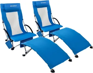 Low Folding Beach Chair 2 Pack with Footrest for Adults 265Lbs High Back Beach Chair Portable with Cup Holder Lightweight for Outdoor Sand Concert Travel Blue