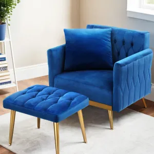 Low-set Velvet Accent Armchair with Stool -  Blue