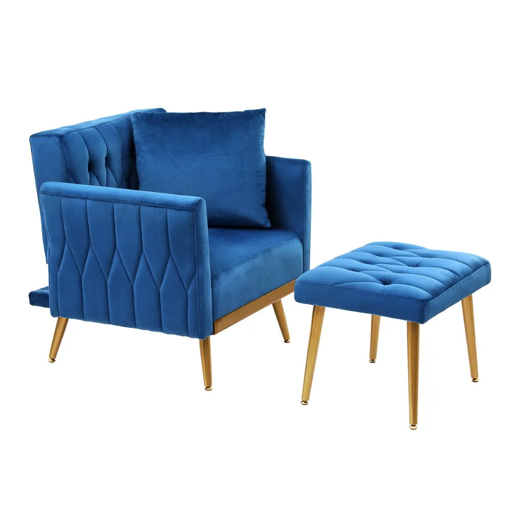 Low-set Velvet Accent Armchair with Stool -  Blue