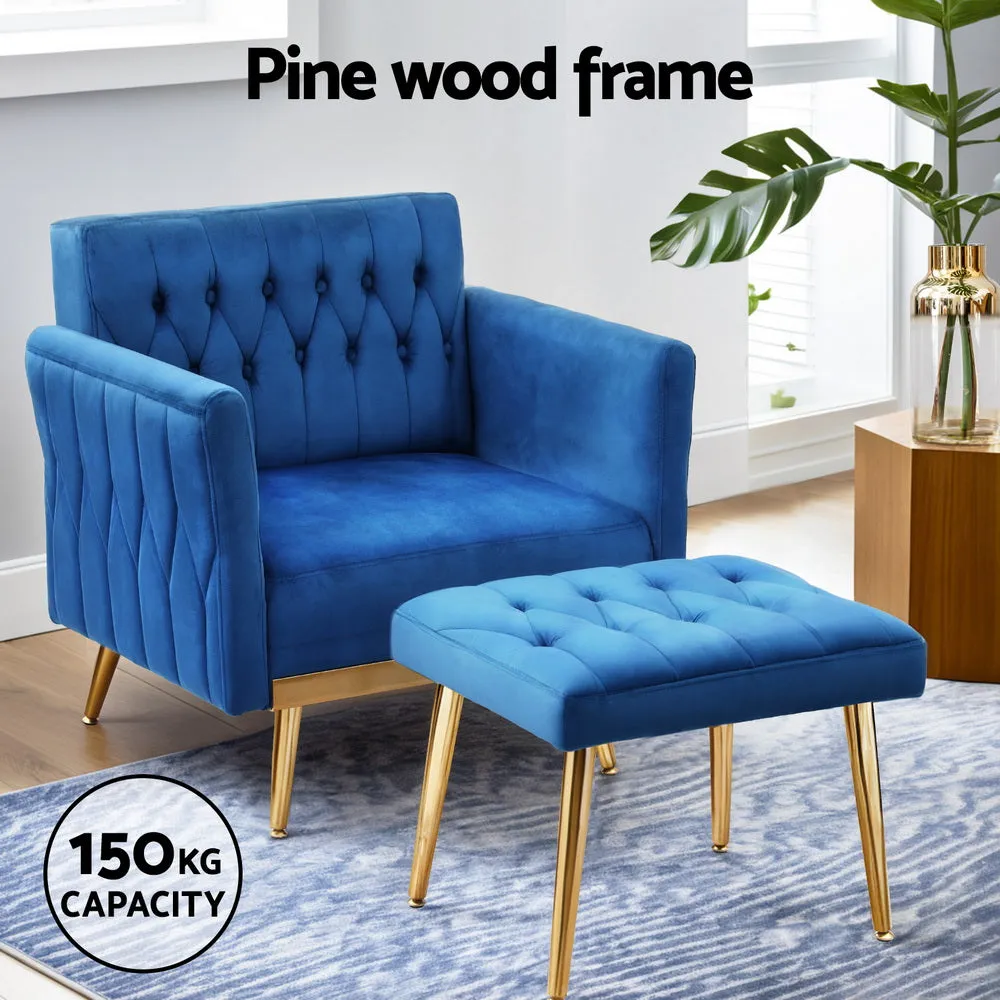 Low-set Velvet Accent Armchair with Stool -  Blue