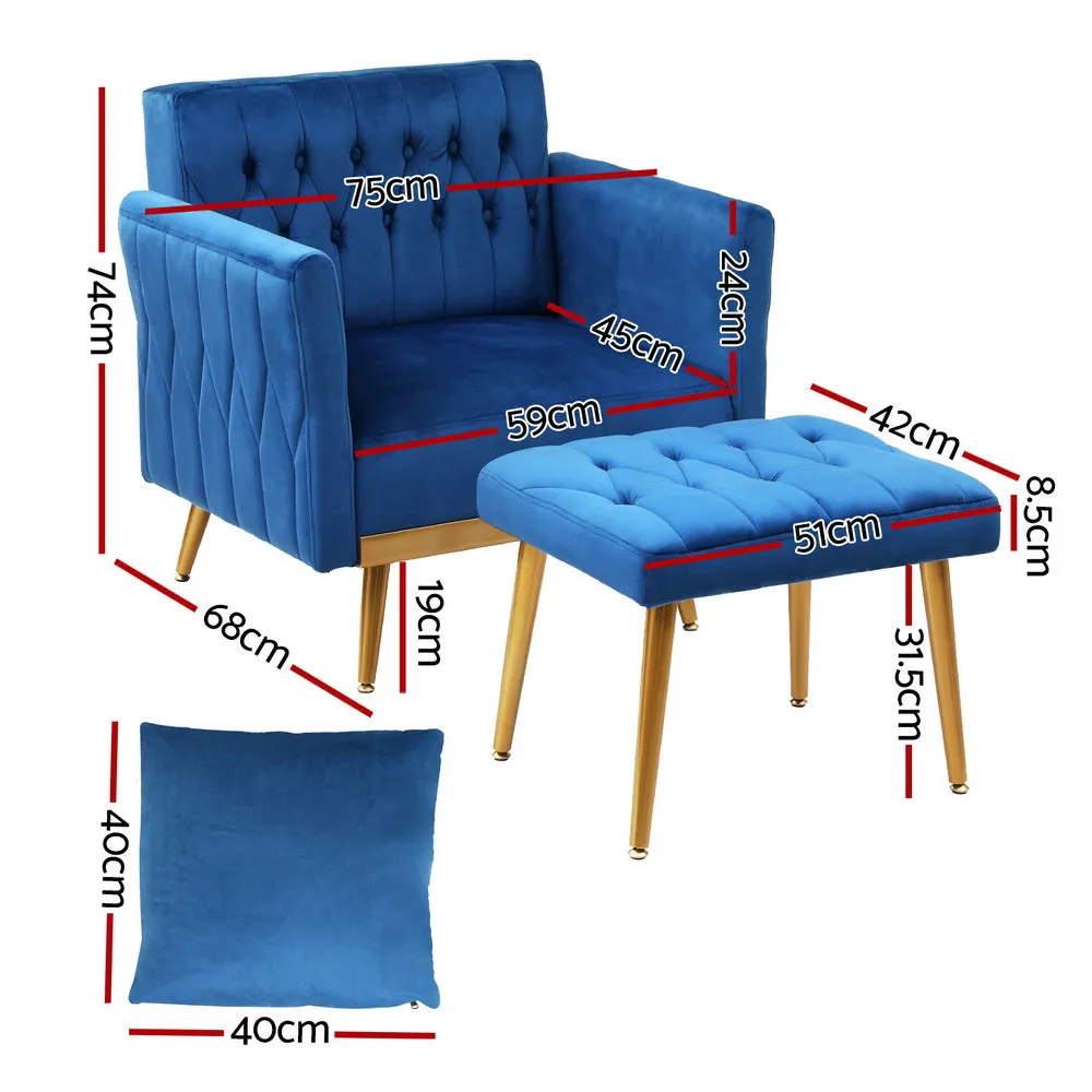Low-set Velvet Accent Armchair with Stool -  Blue