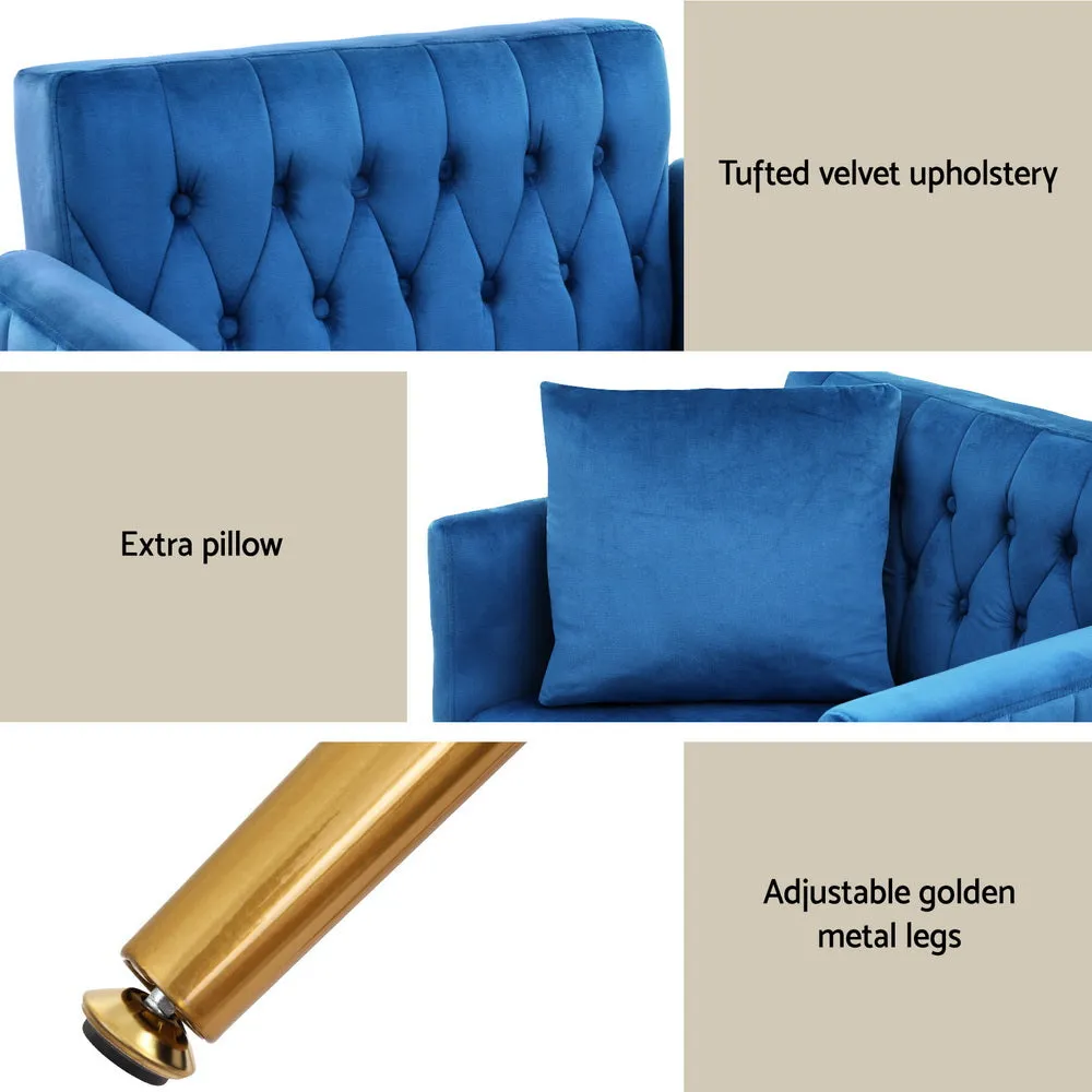Low-set Velvet Accent Armchair with Stool -  Blue