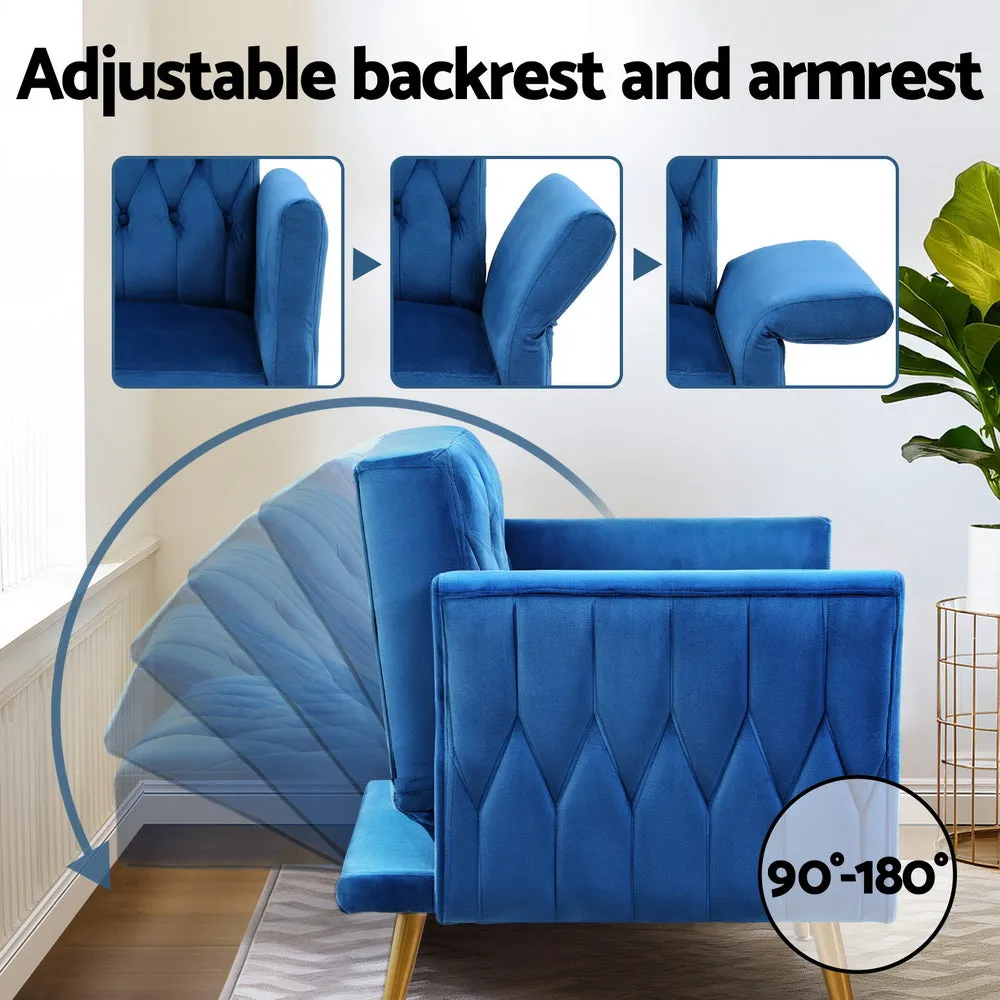 Low-set Velvet Accent Armchair with Stool -  Blue