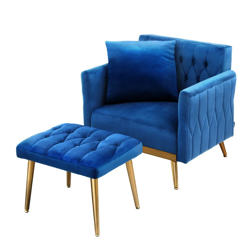 Low-set Velvet Accent Armchair with Stool -  Blue