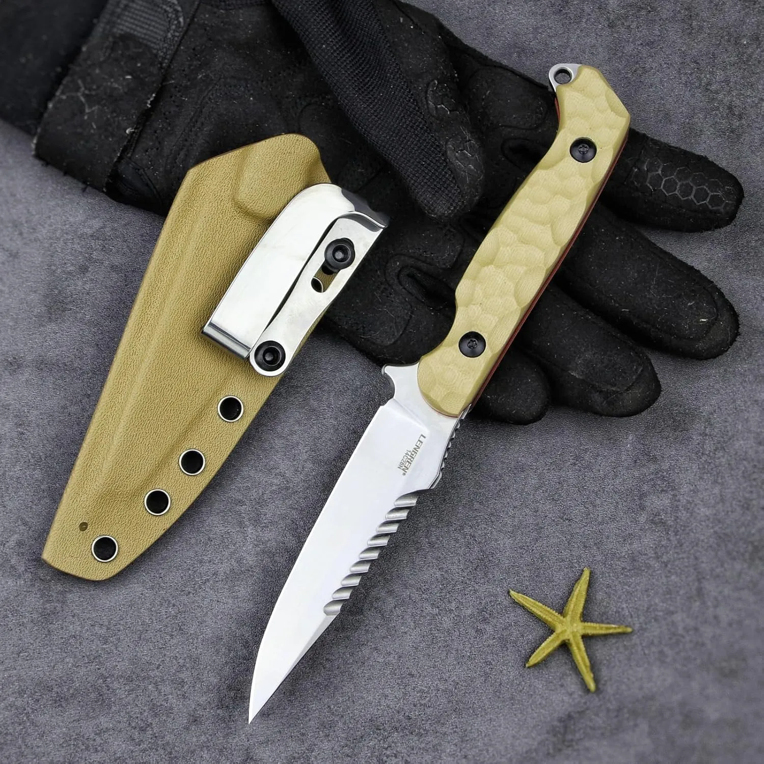 LR-869 EDC Tactical Fixed fighting blades Blade，Full Tang 14C28N Steel Reverse Serrations G10/Linen Handle Kydex Sheath For Camping Hiking Hunting (Khaki G10)