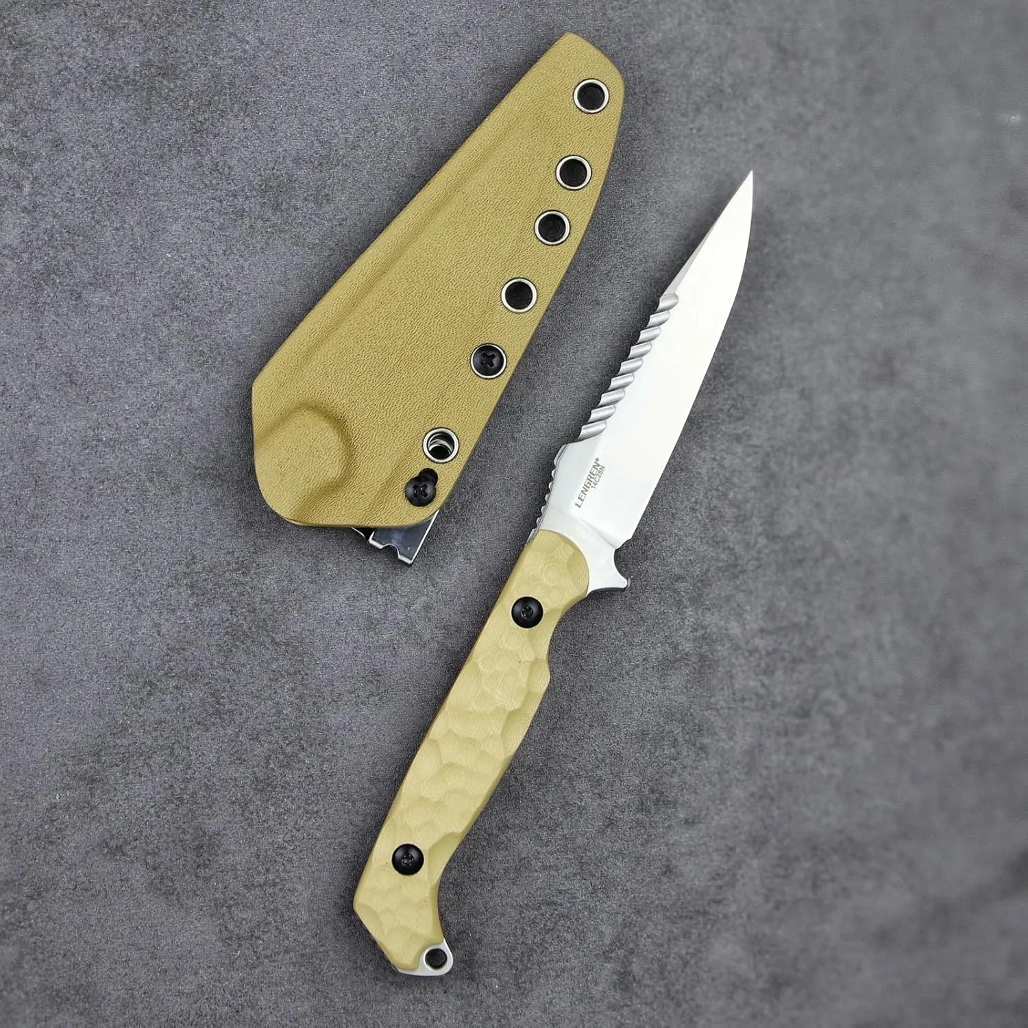 LR-869 EDC Tactical Fixed fighting blades Blade，Full Tang 14C28N Steel Reverse Serrations G10/Linen Handle Kydex Sheath For Camping Hiking Hunting (Khaki G10)