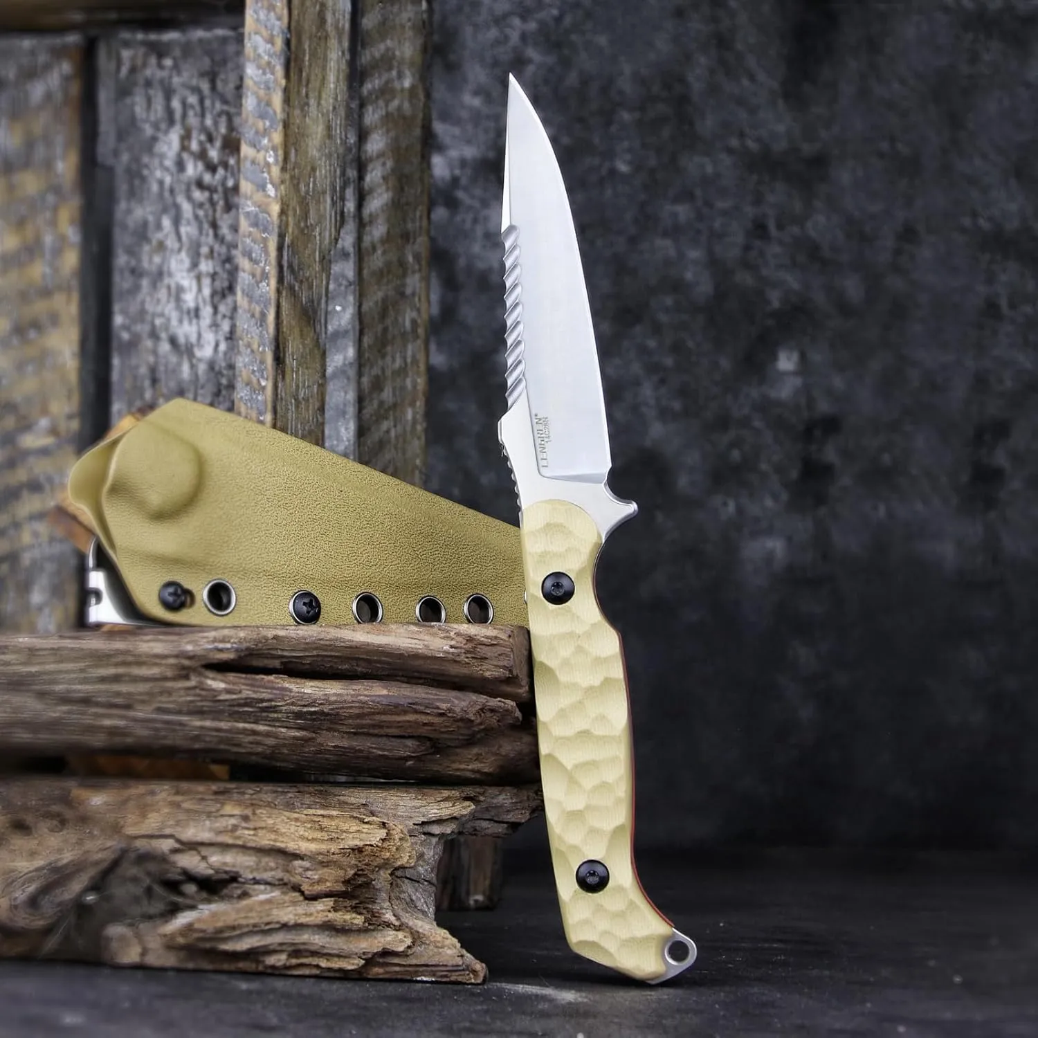 LR-869 EDC Tactical Fixed fighting blades Blade，Full Tang 14C28N Steel Reverse Serrations G10/Linen Handle Kydex Sheath For Camping Hiking Hunting (Khaki G10)