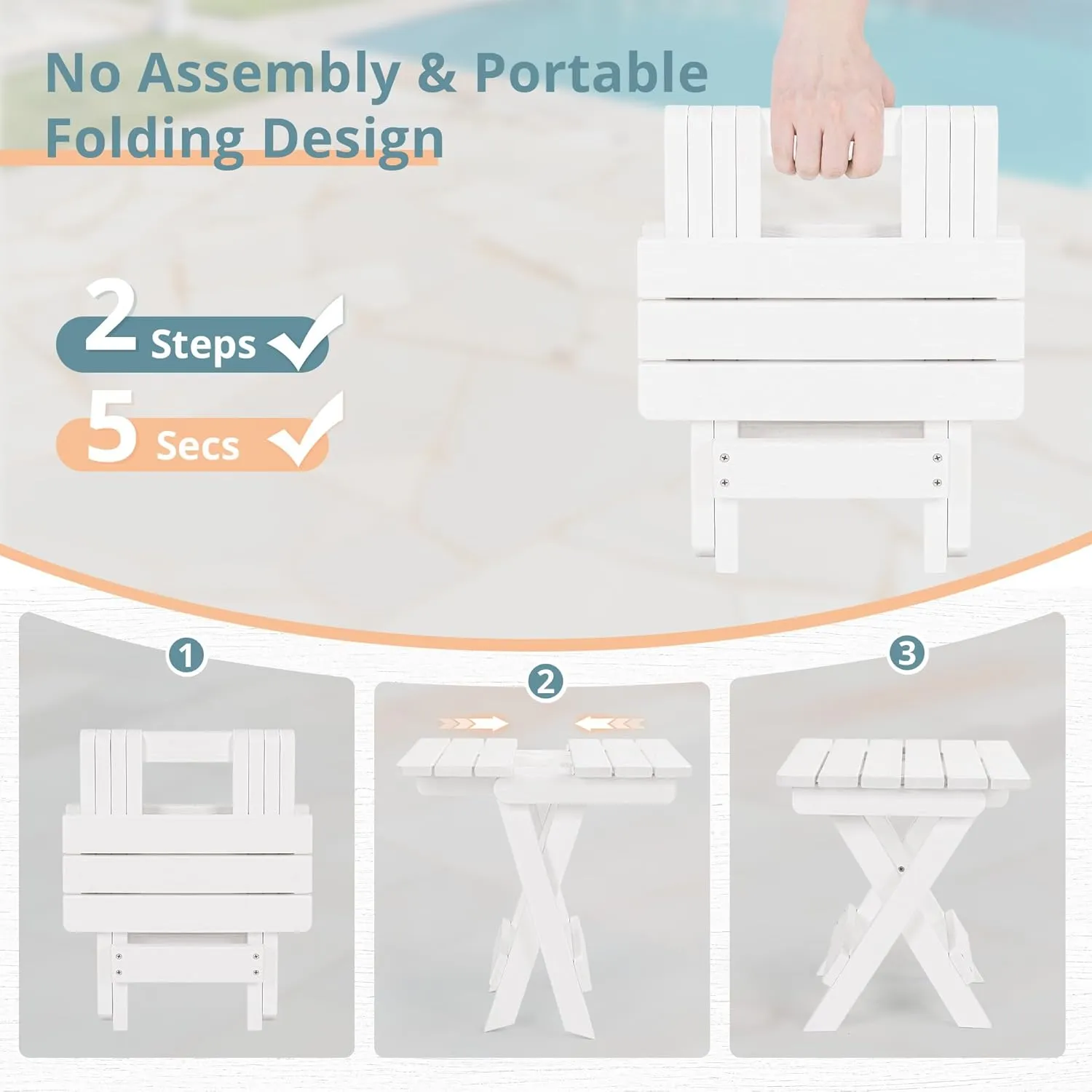 LUE BONA Small Outdoor Folding Side Table, HDPS Outside End Table for Patio, Porch, Deck, Pool, 14 Inch Height, White