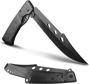 MADSABRE 12.7" Large Folding Knife Tactical Knives with Ebony Handle and Sheath - 7.2" Long Blade Big Pocket Knife for Men for EDC Survival Hunting Camping Hiking Tools (Black)