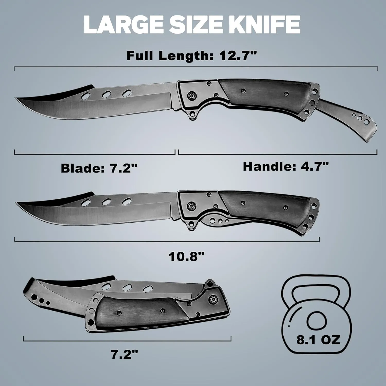 MADSABRE 12.7" Large Folding Knife Tactical Knives with Ebony Handle and Sheath - 7.2" Long Blade Big Pocket Knife for Men for EDC Survival Hunting Camping Hiking Tools (Black)