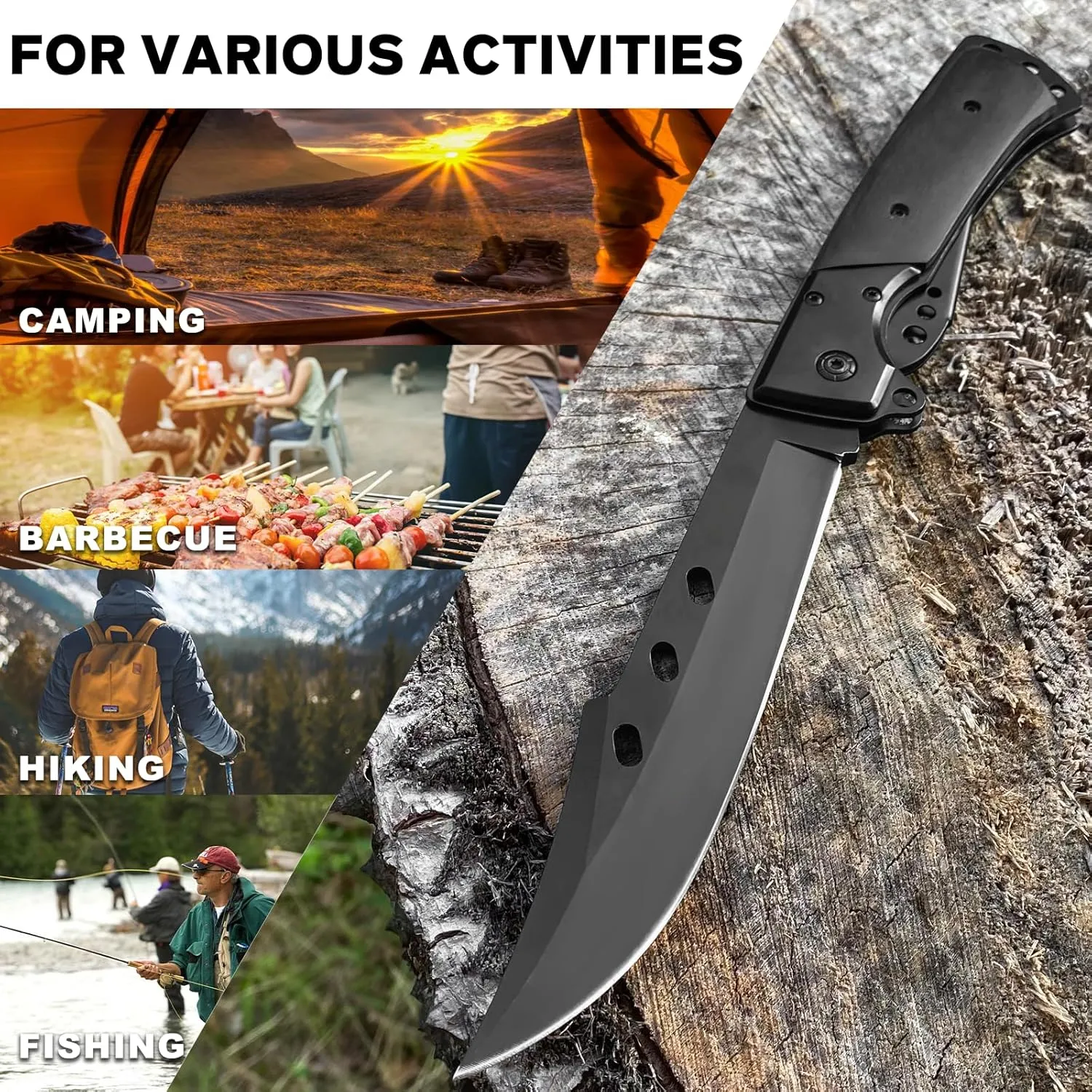 MADSABRE 12.7" Large Folding Knife Tactical Knives with Ebony Handle and Sheath - 7.2" Long Blade Big Pocket Knife for Men for EDC Survival Hunting Camping Hiking Tools (Black)