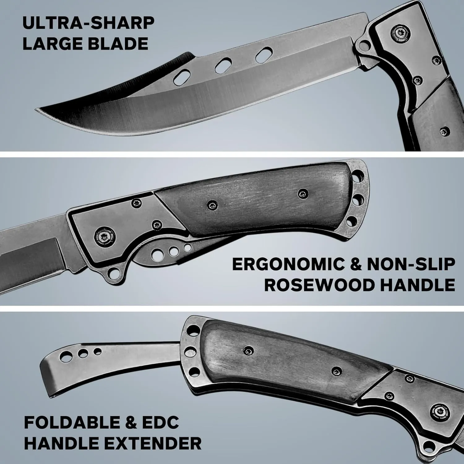 MADSABRE 12.7" Large Folding Knife Tactical Knives with Ebony Handle and Sheath - 7.2" Long Blade Big Pocket Knife for Men for EDC Survival Hunting Camping Hiking Tools (Black)