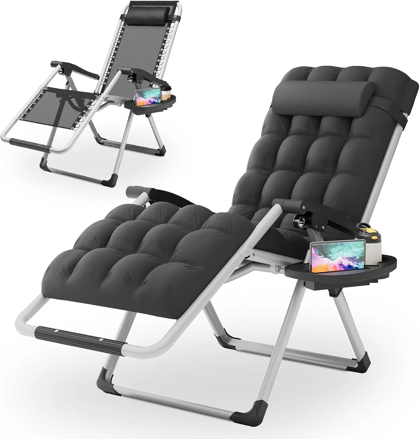 Magshion Zero Gravity Chair with Cushion, Reclining Outdoor Patio Lounge Chair, Folding Indoor Anti Gravity Recliner, Portable Lounger with Removable Cup Holder Side Tray and Pillow Headrest (Black)