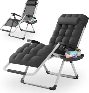 Magshion Zero Gravity Chair with Cushion, Reclining Outdoor Patio Lounge Chair, Folding Indoor Anti Gravity Recliner, Portable Lounger with Removable Cup Holder Side Tray and Pillow Headrest (Black)