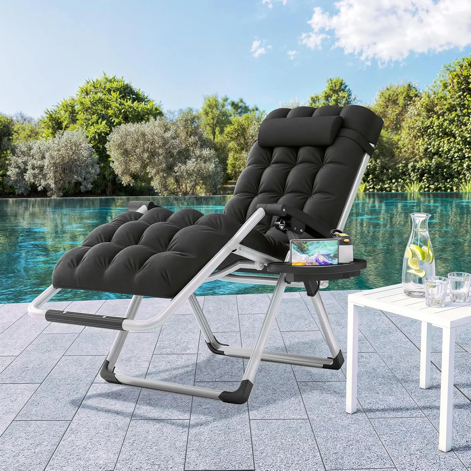 Magshion Zero Gravity Chair with Cushion, Reclining Outdoor Patio Lounge Chair, Folding Indoor Anti Gravity Recliner, Portable Lounger with Removable Cup Holder Side Tray and Pillow Headrest (Black)