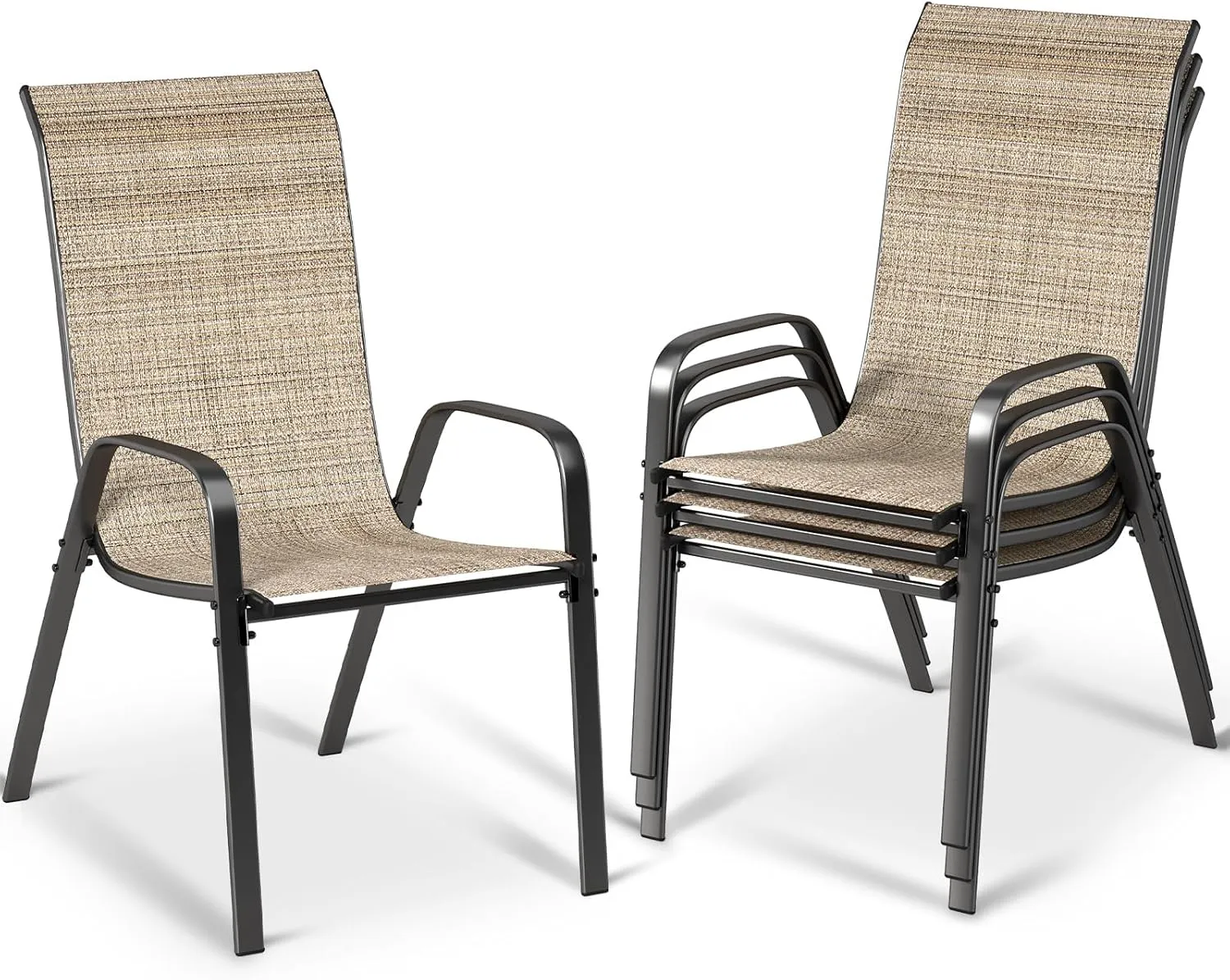MAMIZO 4 Pcs Patio Dining Chairs, Stackable All Weather Teslin Chair, Heavy Duty Outdoor Chairs Set, w/Armrests, Upgraded Chair FeetW/Strenthened Iron Spacers,for Garden,330 LBS (Brown)