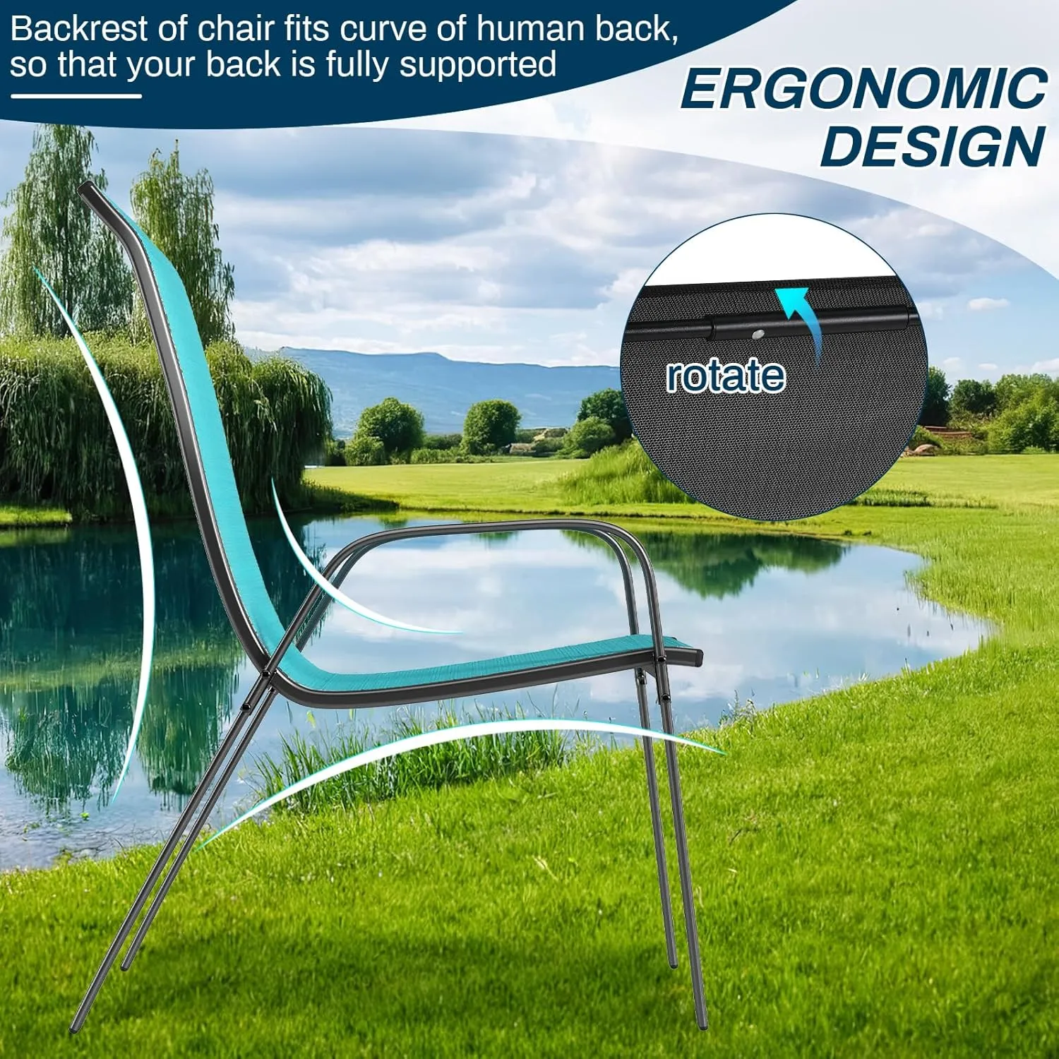MAMIZO 4 Pcs Patio Dining Chairs, Stackable All Weather Teslin Chair, Heavy Duty Outdoor Chairs Set, w/Armrests, Upgraded Chair FeetW/Strenthened Iron Spacers,for Garden,330 LBS (Turquoise Blue)