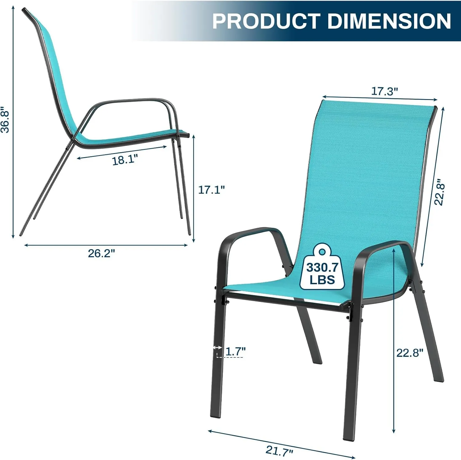MAMIZO 4 Pcs Patio Dining Chairs, Stackable All Weather Teslin Chair, Heavy Duty Outdoor Chairs Set, w/Armrests, Upgraded Chair FeetW/Strenthened Iron Spacers,for Garden,330 LBS (Turquoise Blue)