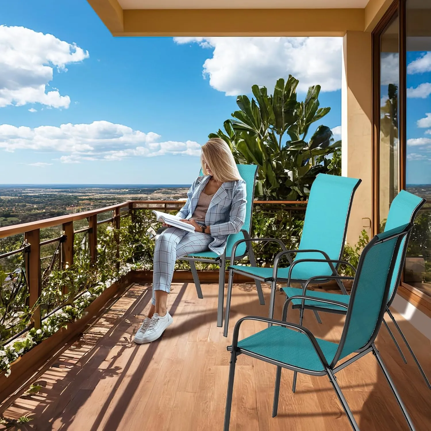 MAMIZO 4 Pcs Patio Dining Chairs, Stackable All Weather Teslin Chair, Heavy Duty Outdoor Chairs Set, w/Armrests, Upgraded Chair FeetW/Strenthened Iron Spacers,for Garden,330 LBS (Turquoise Blue)