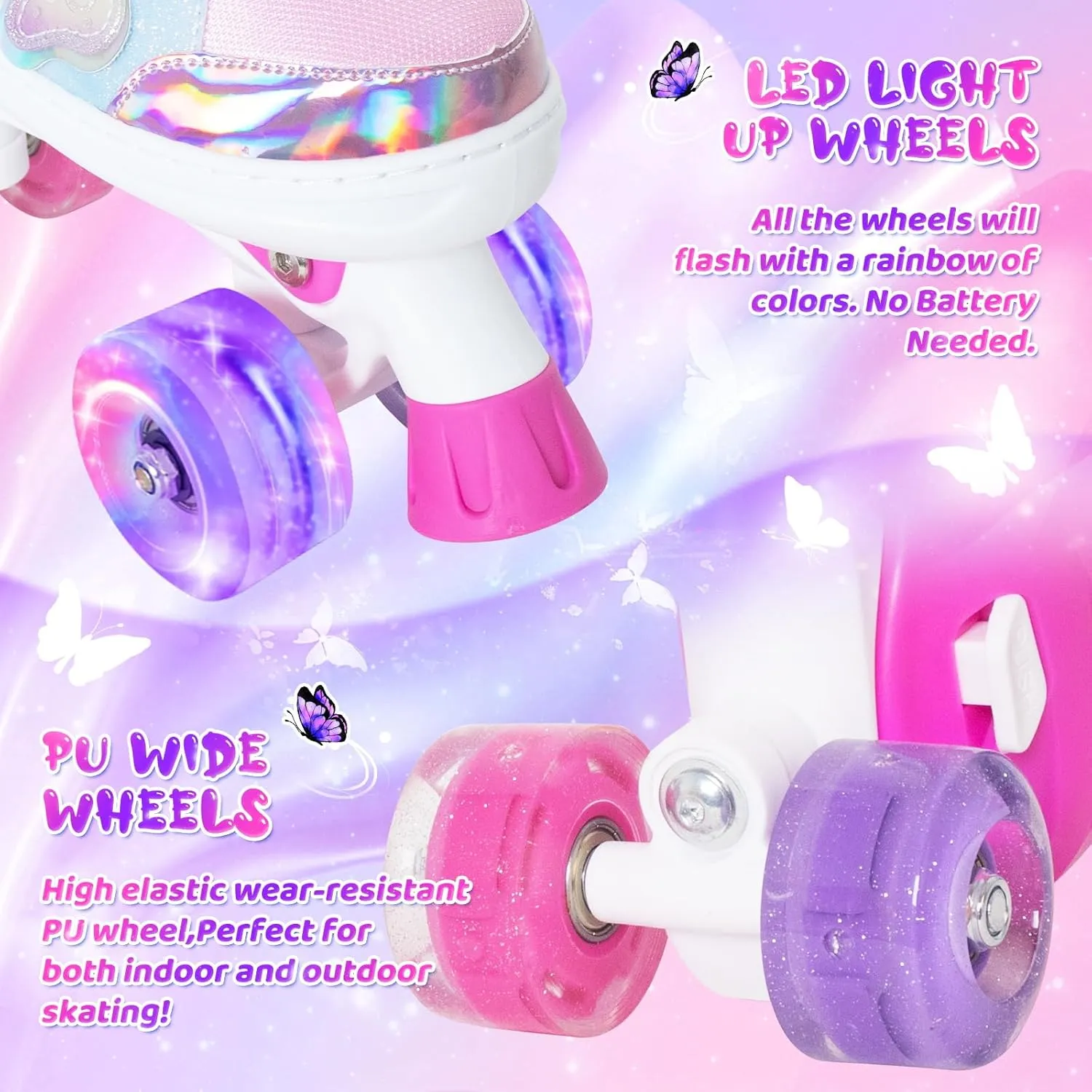 MammyGol Kids Roller Skates for Girls or Boys, Adjustable Roller Skates for Children with Beautiful Butterflies, Beginners 3-16 Years Old Light up Quad Skates Indoor Outdoor