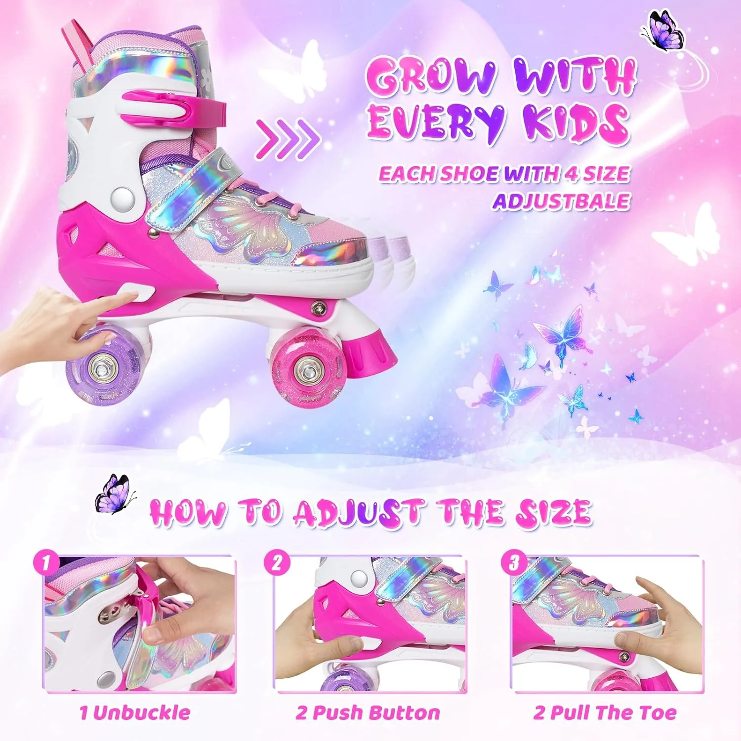 MammyGol Kids Roller Skates for Girls or Boys, Adjustable Roller Skates for Children with Beautiful Butterflies, Beginners 3-16 Years Old Light up Quad Skates Indoor Outdoor