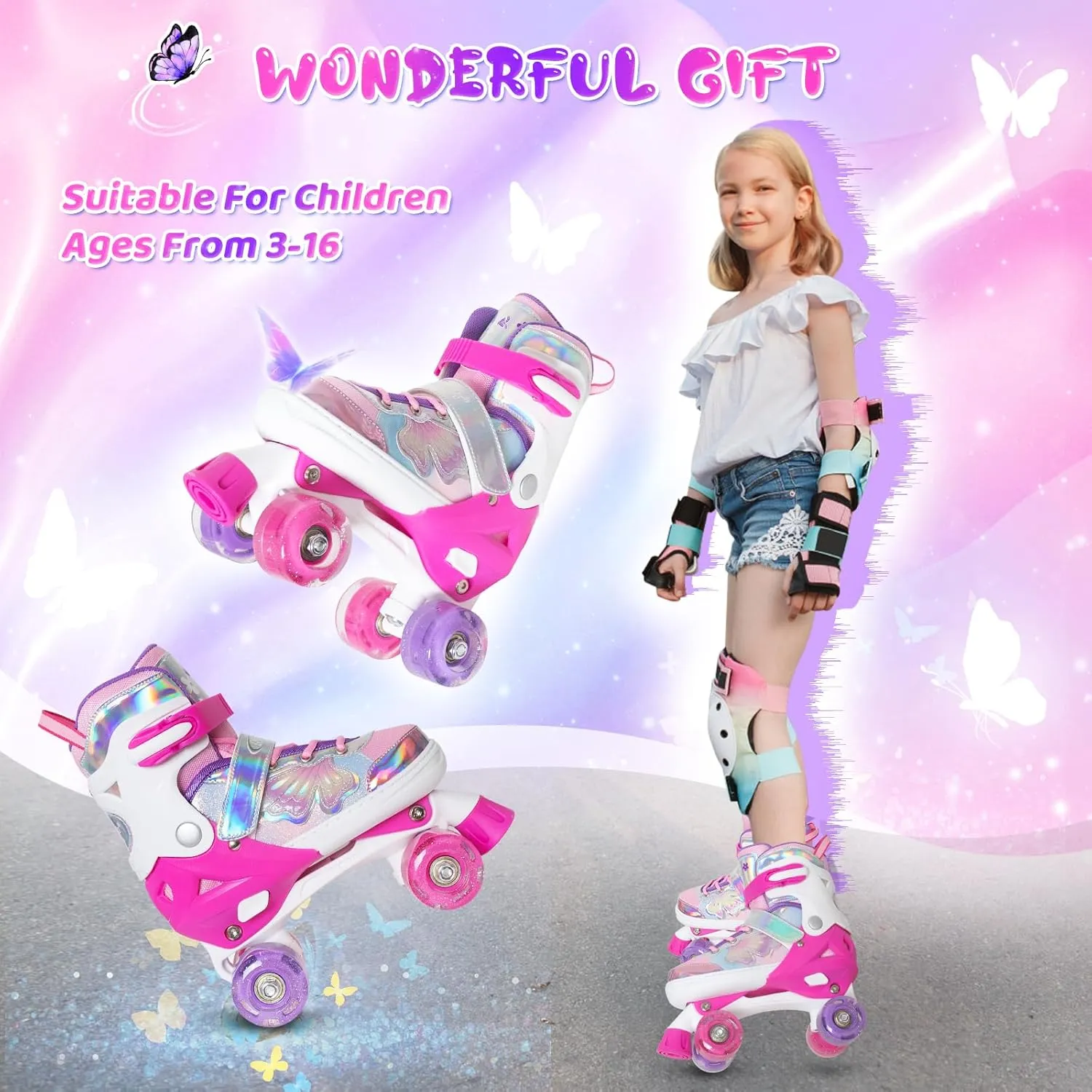 MammyGol Kids Roller Skates for Girls or Boys, Adjustable Roller Skates for Children with Beautiful Butterflies, Beginners 3-16 Years Old Light up Quad Skates Indoor Outdoor