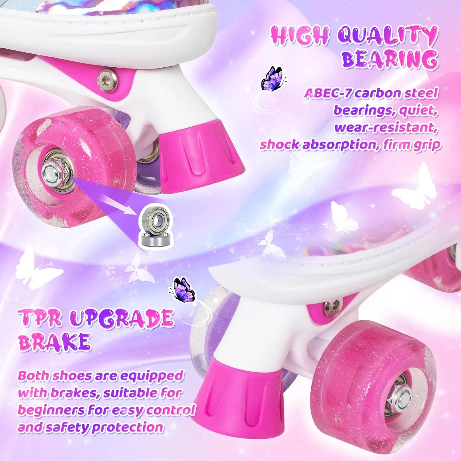 MammyGol Kids Roller Skates for Girls or Boys, Adjustable Roller Skates for Children with Beautiful Butterflies, Beginners 3-16 Years Old Light up Quad Skates Indoor Outdoor