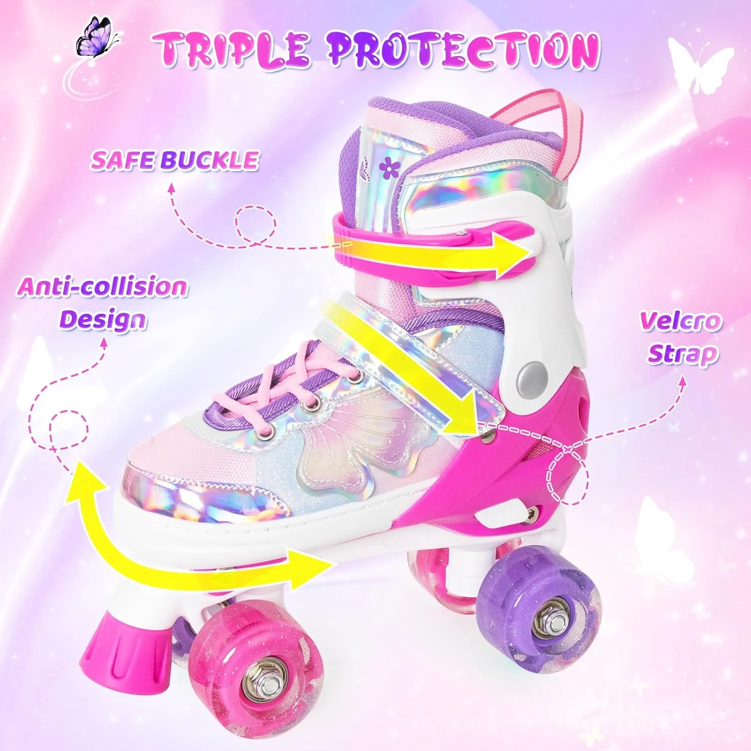 MammyGol Kids Roller Skates for Girls or Boys, Adjustable Roller Skates for Children with Beautiful Butterflies, Beginners 3-16 Years Old Light up Quad Skates Indoor Outdoor