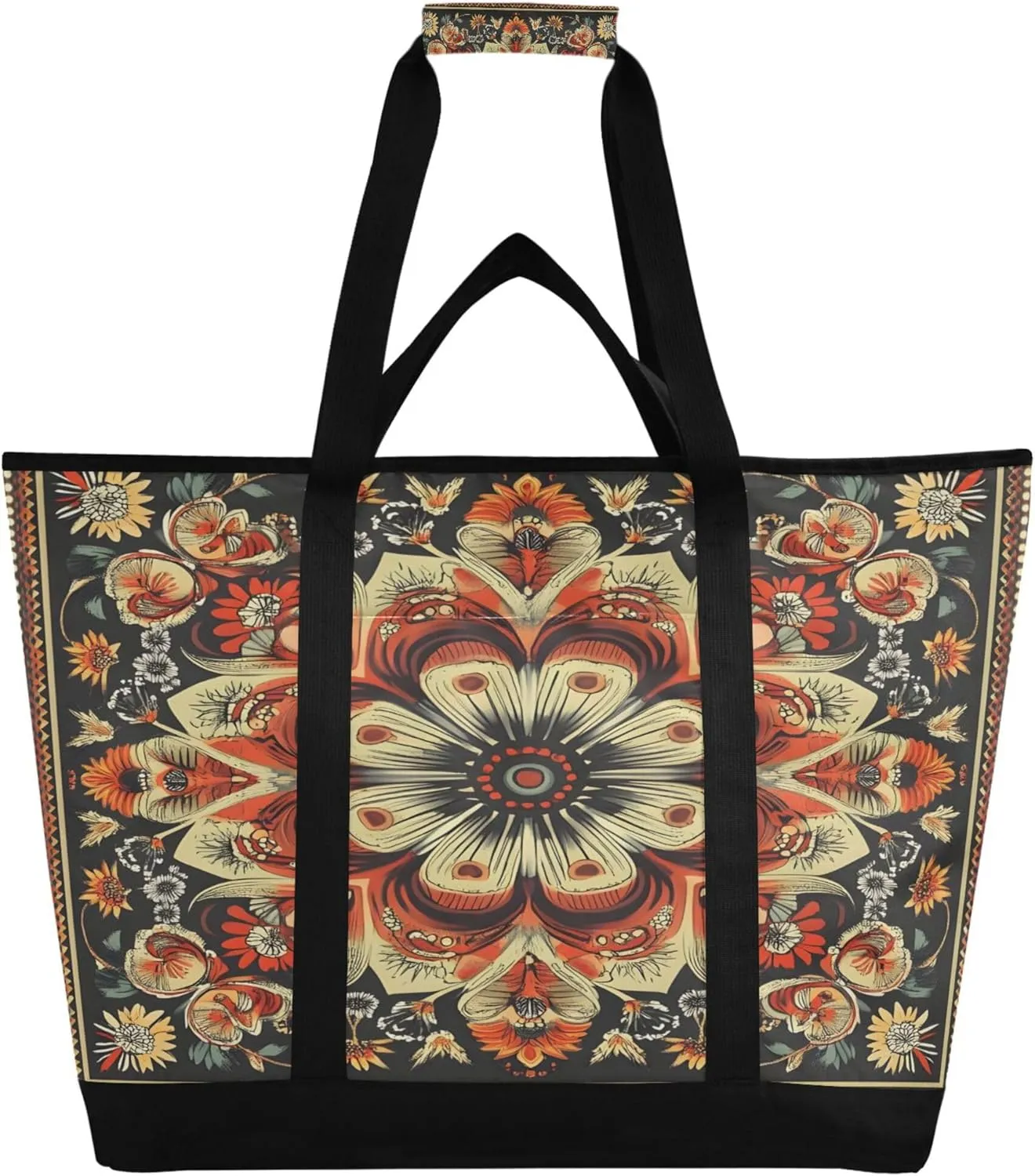 Mandala Reusable Insulated Cooler Bag with Ice Pack Compartment - Large 47L Waterproof Thermal Grocery Tote for Picnic Beach Camping Lunch Storage