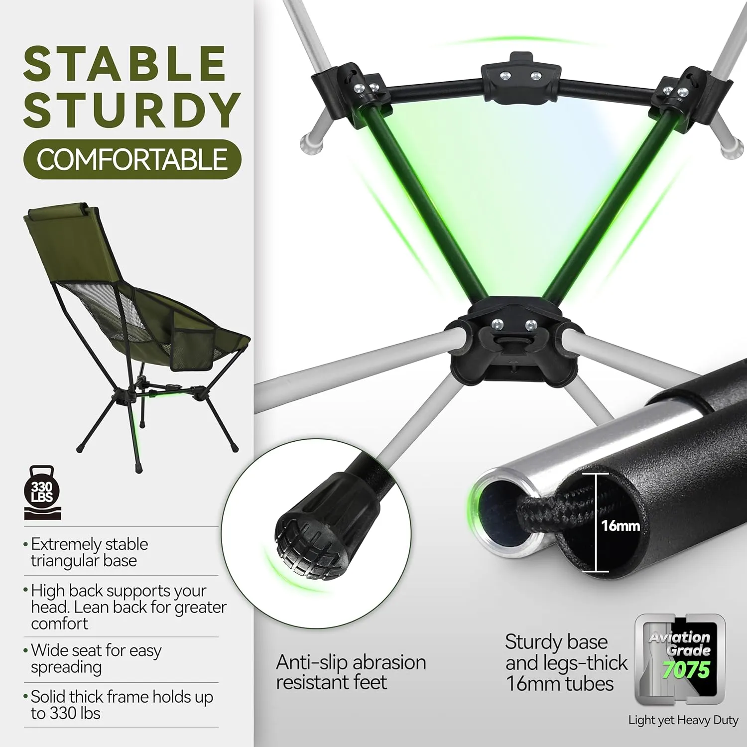 MARCHWAY Lightweight Folding High Back Camping Chair with Head Support, Stable Portable Compact for Outdoor Camp, Travel, Beach, Picnic, Festival, Hiking, Backpacking (Highback Green)