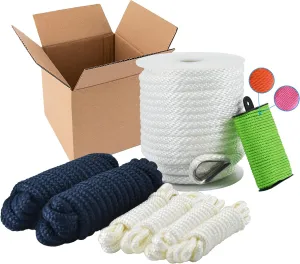 Marine Dock Lines Combination Package 2 Pack Dock Lines(3/8" x15'Navy Blue) 2 Pairs Fender Line(1/4" X6'White) 1 Anchor Line(3/8" x100'White) 1 Utility Rope(1/8" x45') for Boat and Sports