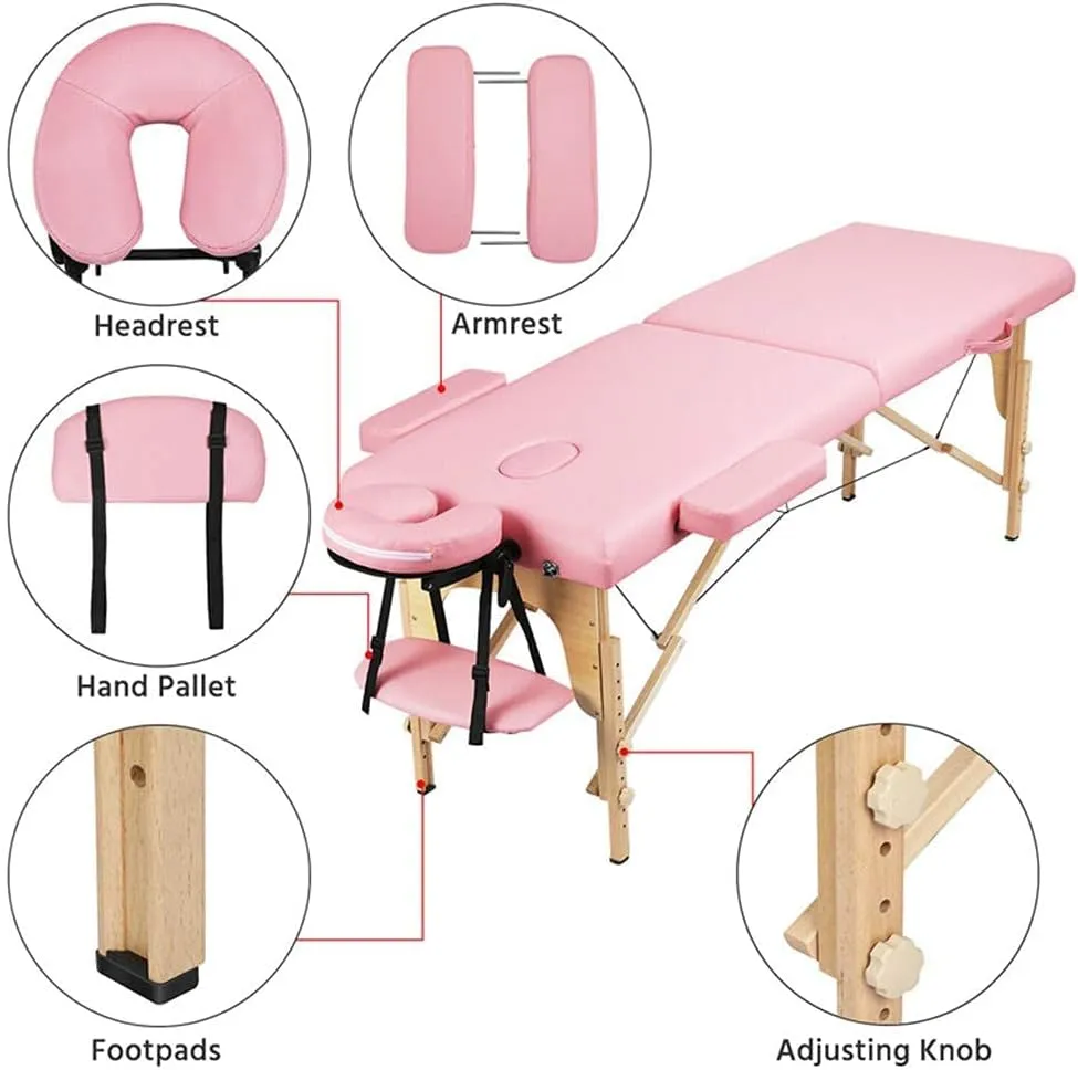 Massage Table Portable Massage Bed Spa Bed 84 Inch Height Adjustable Professional Portable Folding Massage Table, Spa Table Facial Cradle Salon Bed Tattoo Bed (2-Fold Pink)