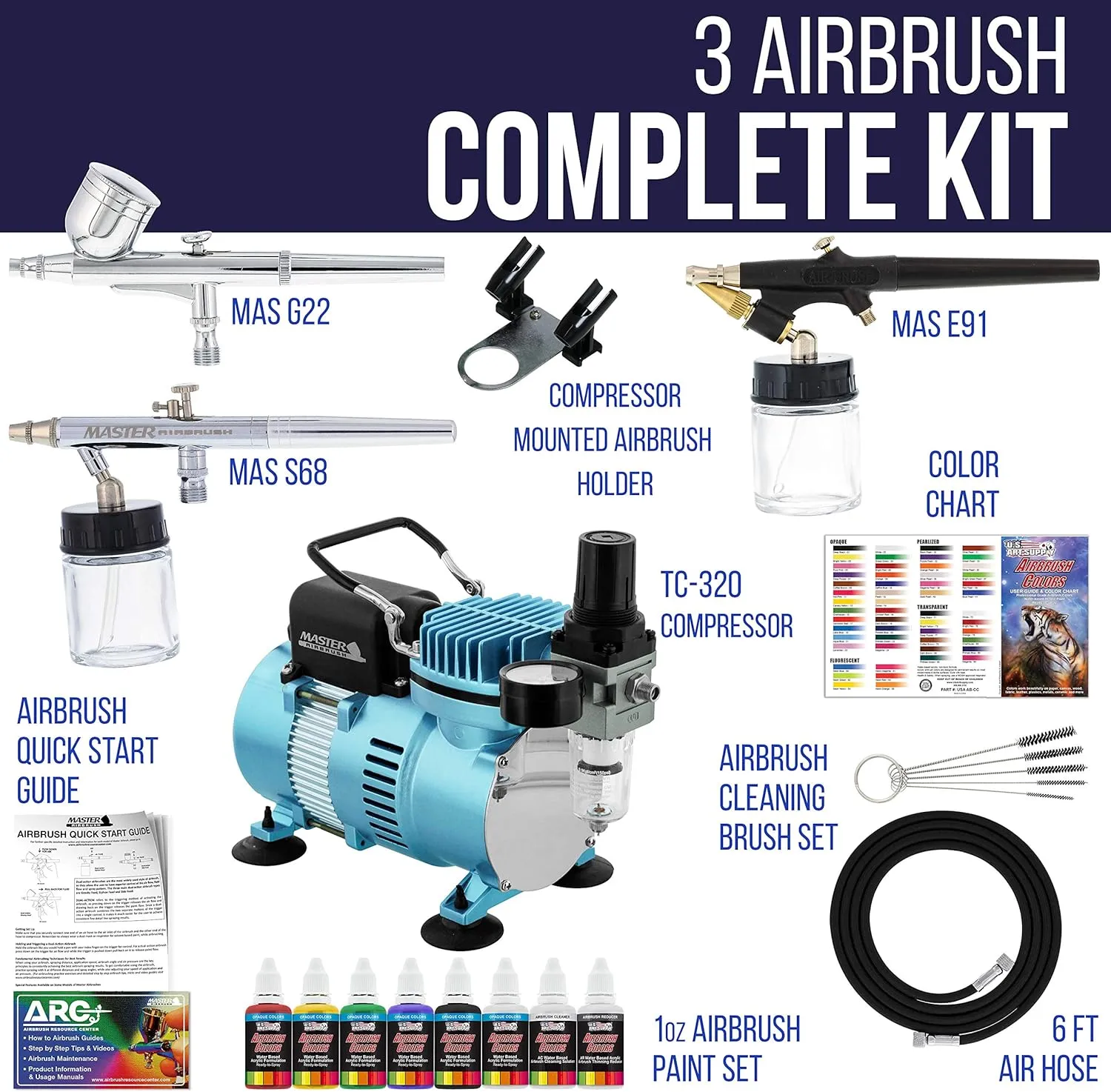 Master Airbrush Cool Runner II Dual Fan Airbrush System with Acrylic Paints, 3 Airbrushes, Guide - For Artists