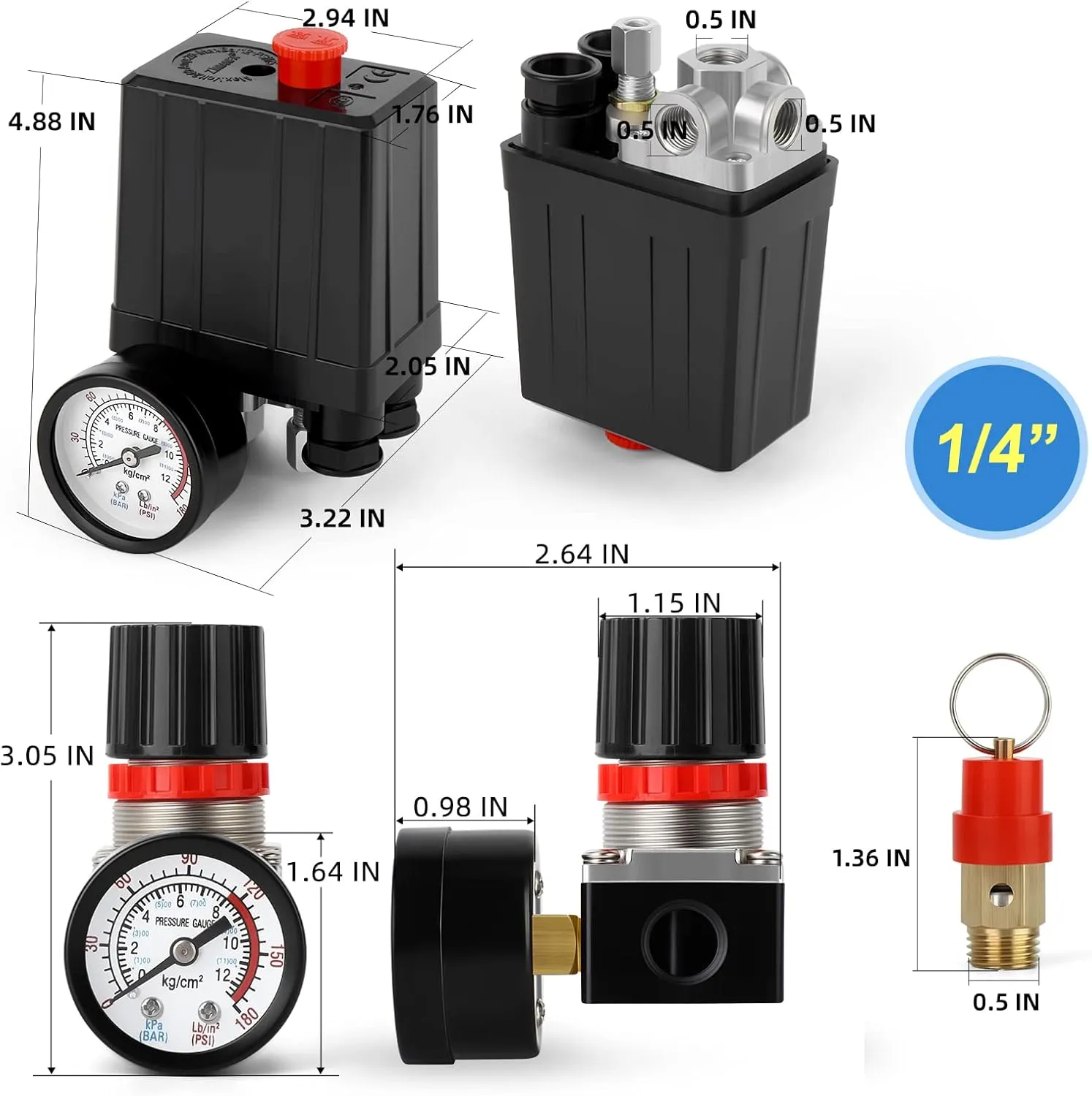 MEANLIN MEASURE Air Compressor Pressure Switch Control Valve 90-120 PSI 110V-240V 4-way Replacement Parts With 0-180 Psi Air Compressor Regulator and Safety Pressure Relief Valve