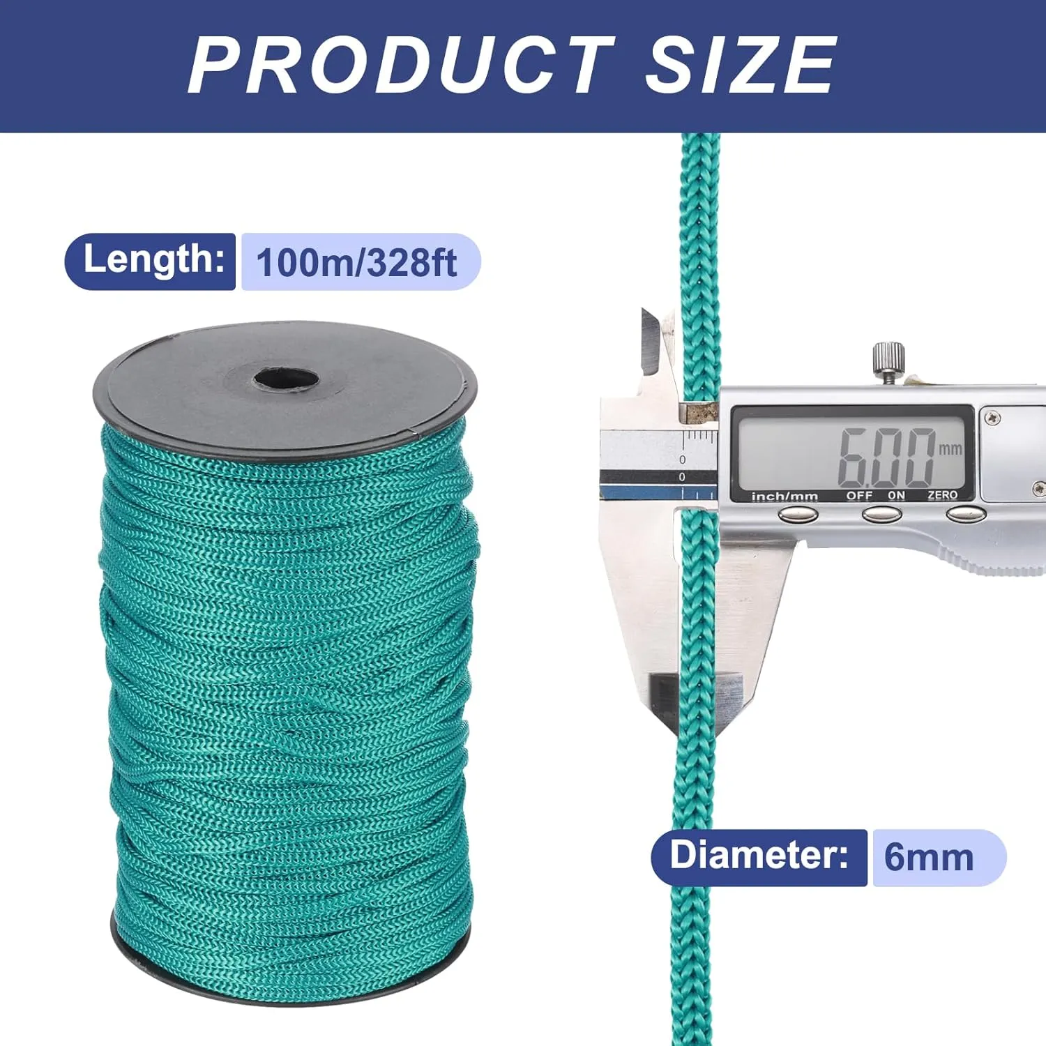 MECCANIXITY 1/4 Inch Polypropylene Rope Braided Ropes, 328ft Nylon Rope Hollow Utility Cord for Clothesline, Camping, Hiking, Outdoor, Peacock Green