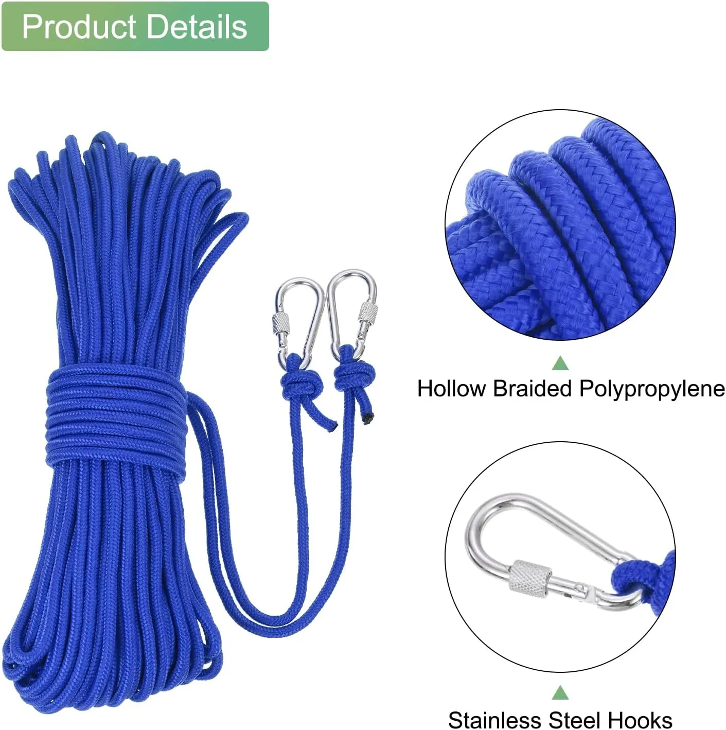 MECCANIXITY Hollow Braided Polypropylene Anchor Rope with Hook, 1/4 Inch 100ft Nylon Floating Line for Marine Pool Life Boat Anchor Rope, Blue