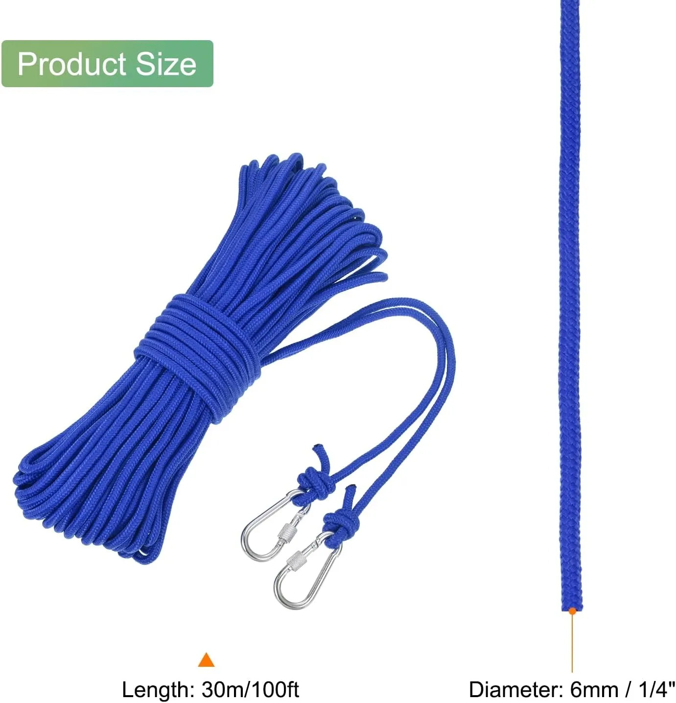 MECCANIXITY Hollow Braided Polypropylene Anchor Rope with Hook, 1/4 Inch 100ft Nylon Floating Line for Marine Pool Life Boat Anchor Rope, Blue