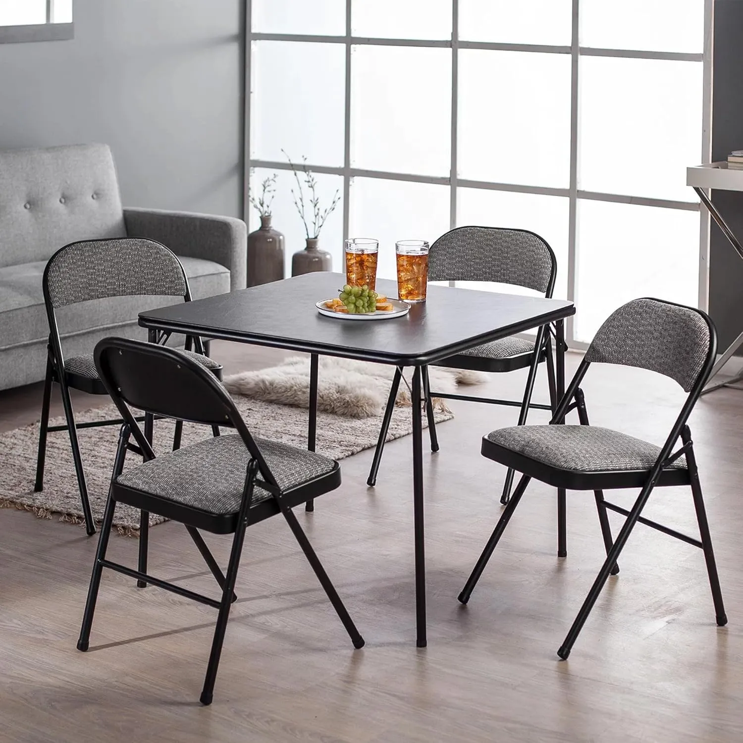 MECO Sudden Comfort Vinyl Upholstered Metal Square Folding Table with Non-Marring Leg Caps, EZ Slide Leg Locks and Cinnabar Powder Paint Finish, Black