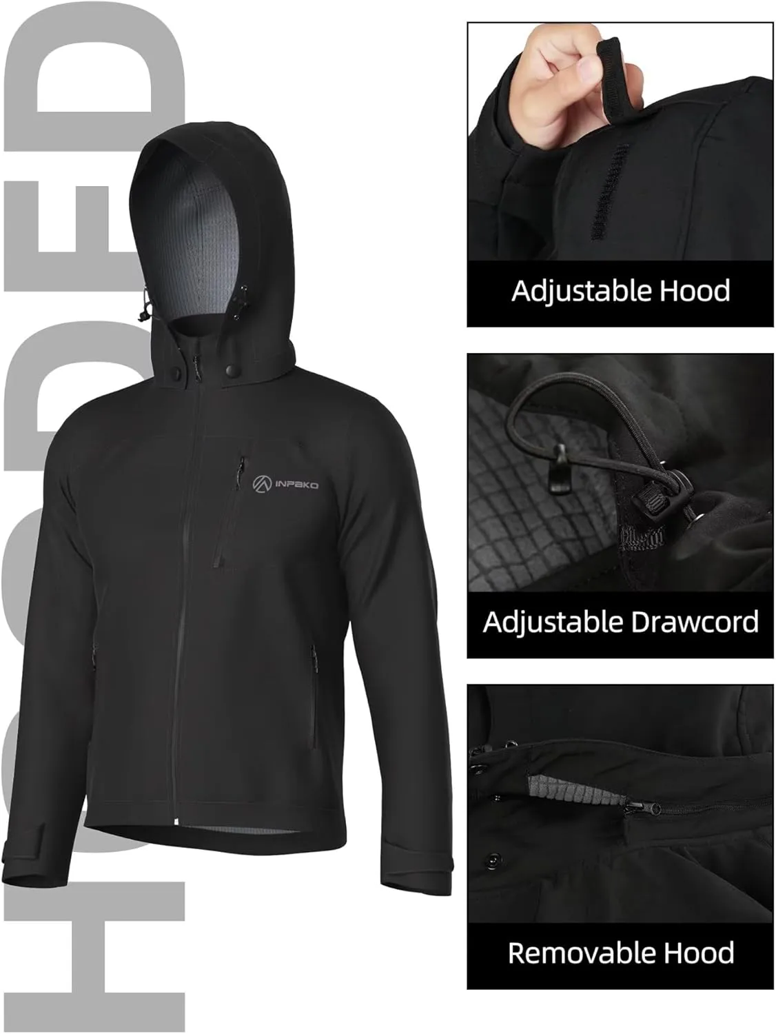 Men's Lightweight Softshell Jacket with Removable Hood, Breathable Water Resistant 5000 Fleece Lined Hiking Jackets