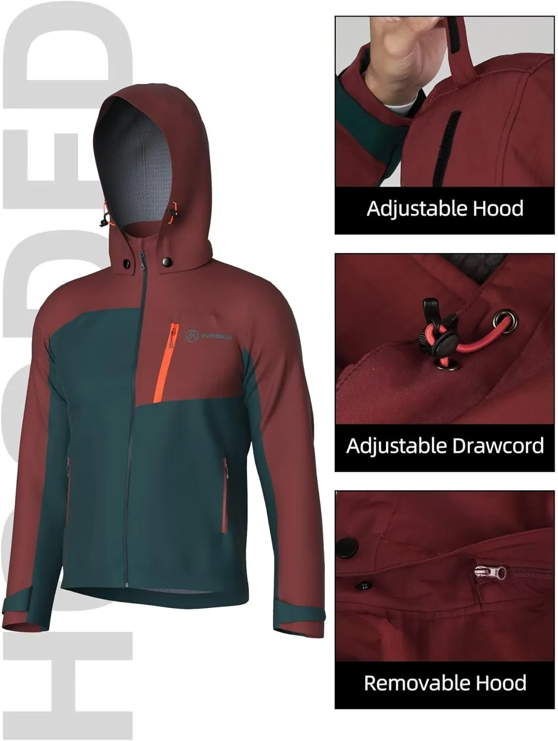 Men's Lightweight Softshell Jacket with Removable Hood, Breathable Water Resistant 5000 Fleece Lined Hiking Jackets