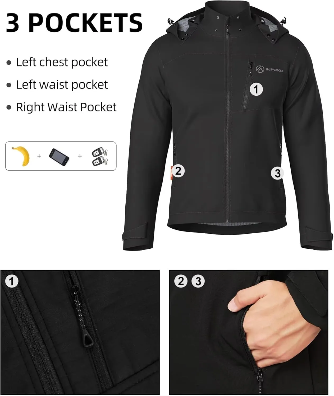 Men's Lightweight Softshell Jacket with Removable Hood, Breathable Water Resistant 5000 Fleece Lined Hiking Jackets
