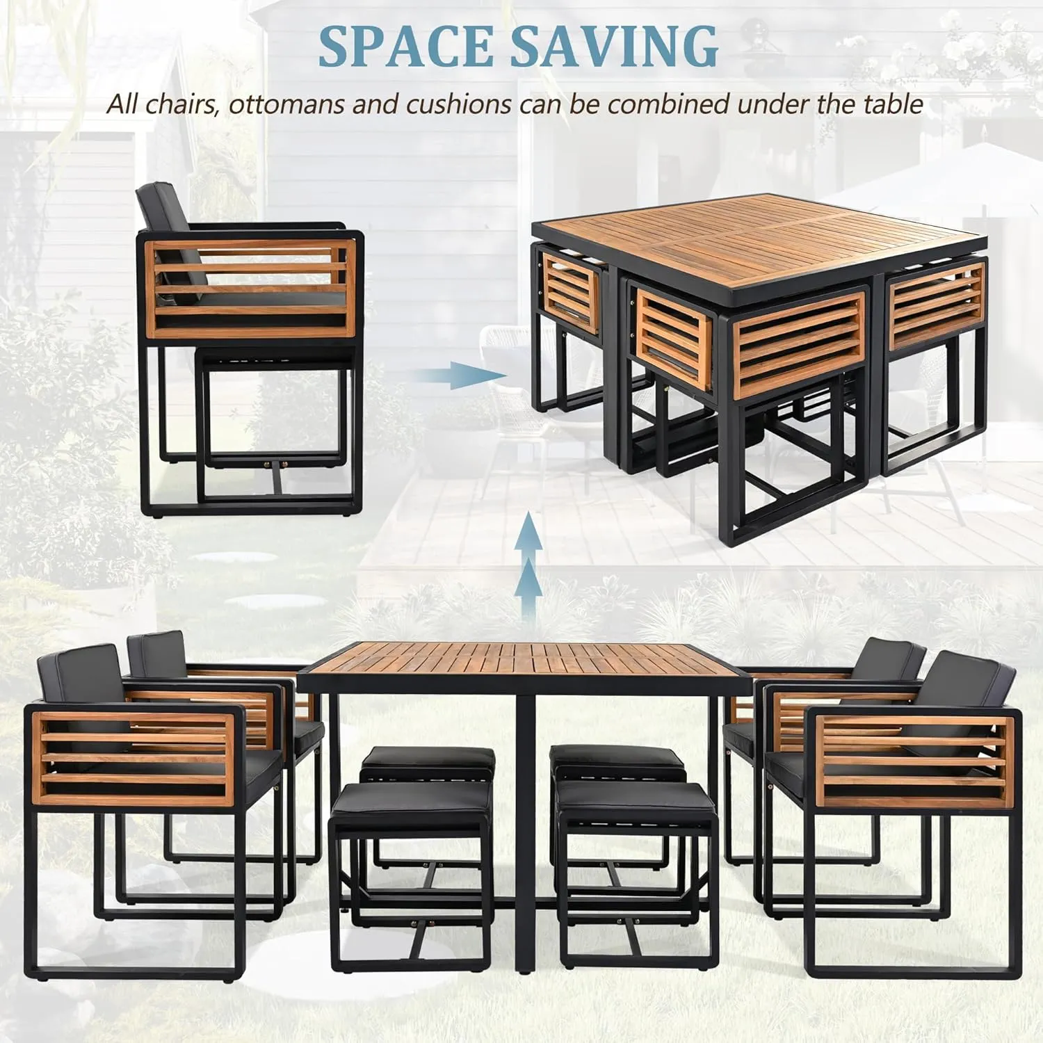 Merax 9 Pieces Outdoor Dining Set for 8 People, Acacia Wood Patio Furniture Sets with 1 Square Table, 4 Cushioned Chairs and 4 Ottomans for Backyard, Garden, Lawn, Poolside, Space Saving Design, Gray