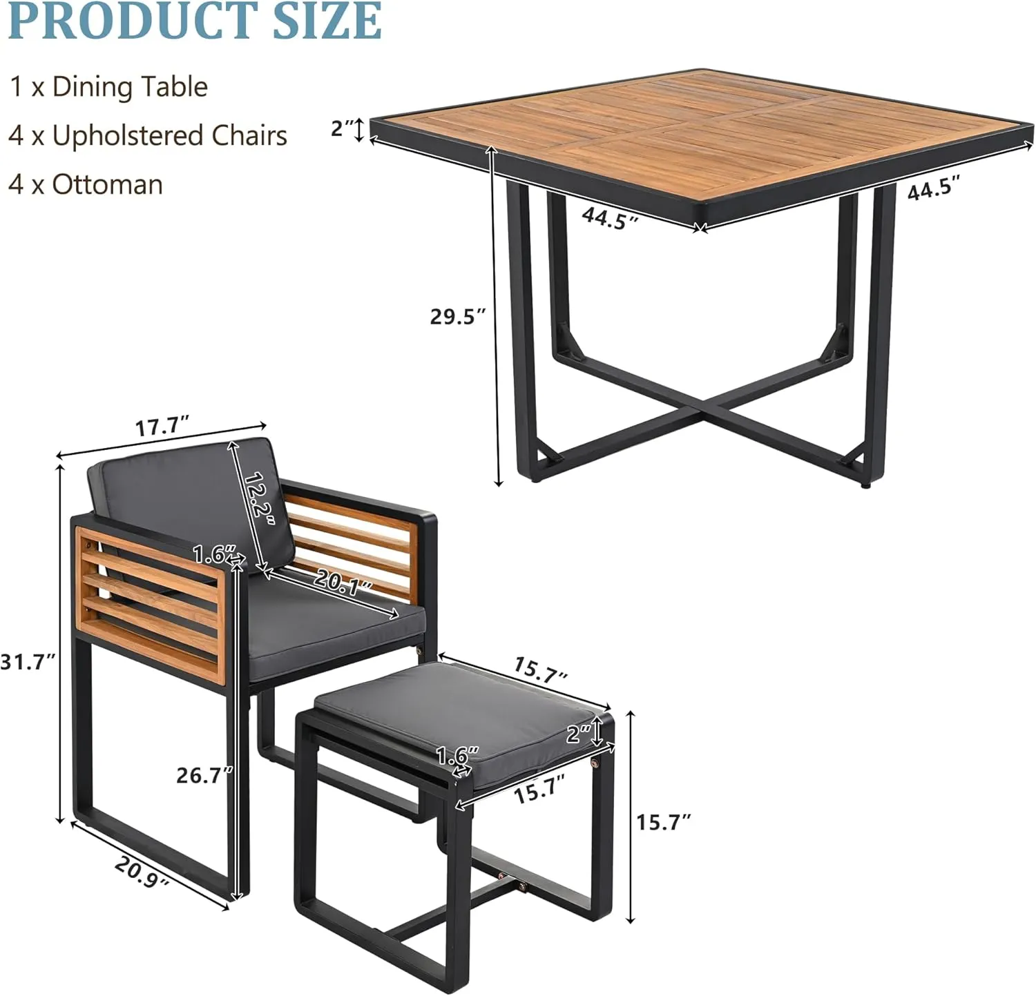 Merax 9 Pieces Outdoor Dining Set for 8 People, Acacia Wood Patio Furniture Sets with 1 Square Table, 4 Cushioned Chairs and 4 Ottomans for Backyard, Garden, Lawn, Poolside, Space Saving Design, Gray