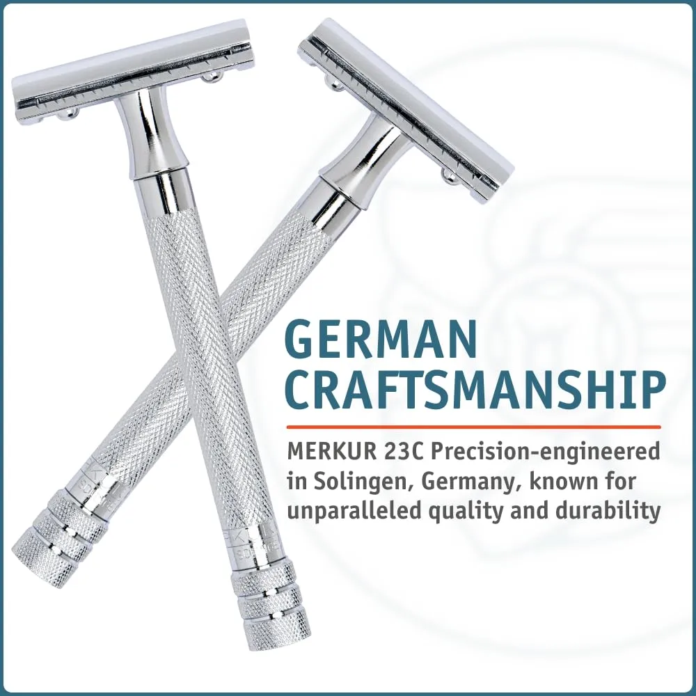 MERKUR 23C Double Edge Safety Razor - Polished Chrome, Long Knurled Brass Handle, Made in Germany, Plastic-Free, Three Piece Design, Closed Comb, Straight Bar