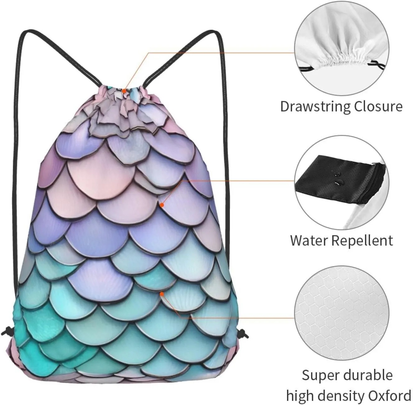 Mermaid Red Purple Aqua Drawstring Cinch Backpack Polyester Sack Pack String Bag For Hiking Camping Adventure