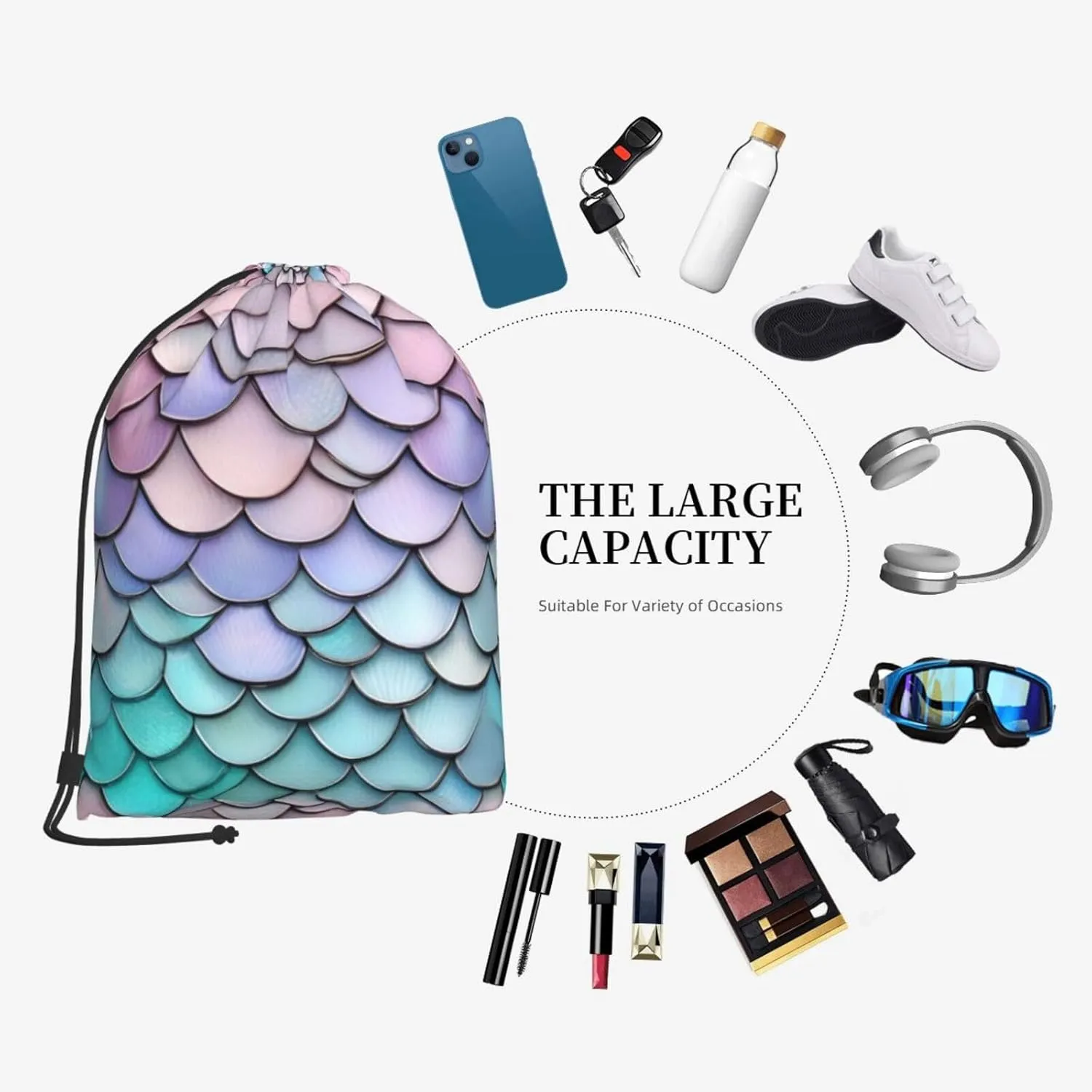 Mermaid Red Purple Aqua Drawstring Cinch Backpack Polyester Sack Pack String Bag For Hiking Camping Adventure