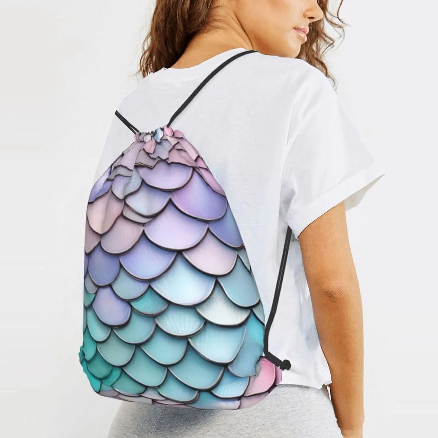 Mermaid Red Purple Aqua Drawstring Cinch Backpack Polyester Sack Pack String Bag For Hiking Camping Adventure