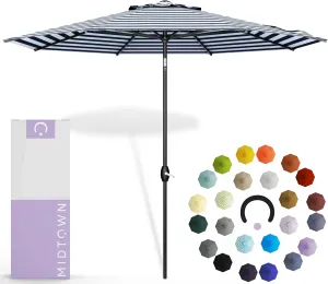 Midtown Umbrellas 10-Year-No-Fade - 10 Ft - UV Proof Navy & White Stripes Fabric - Umbrella Outdoor Patio, Aluminum Frame Large Patio Umbrella for Garden, Pool & Deck - Black Pole