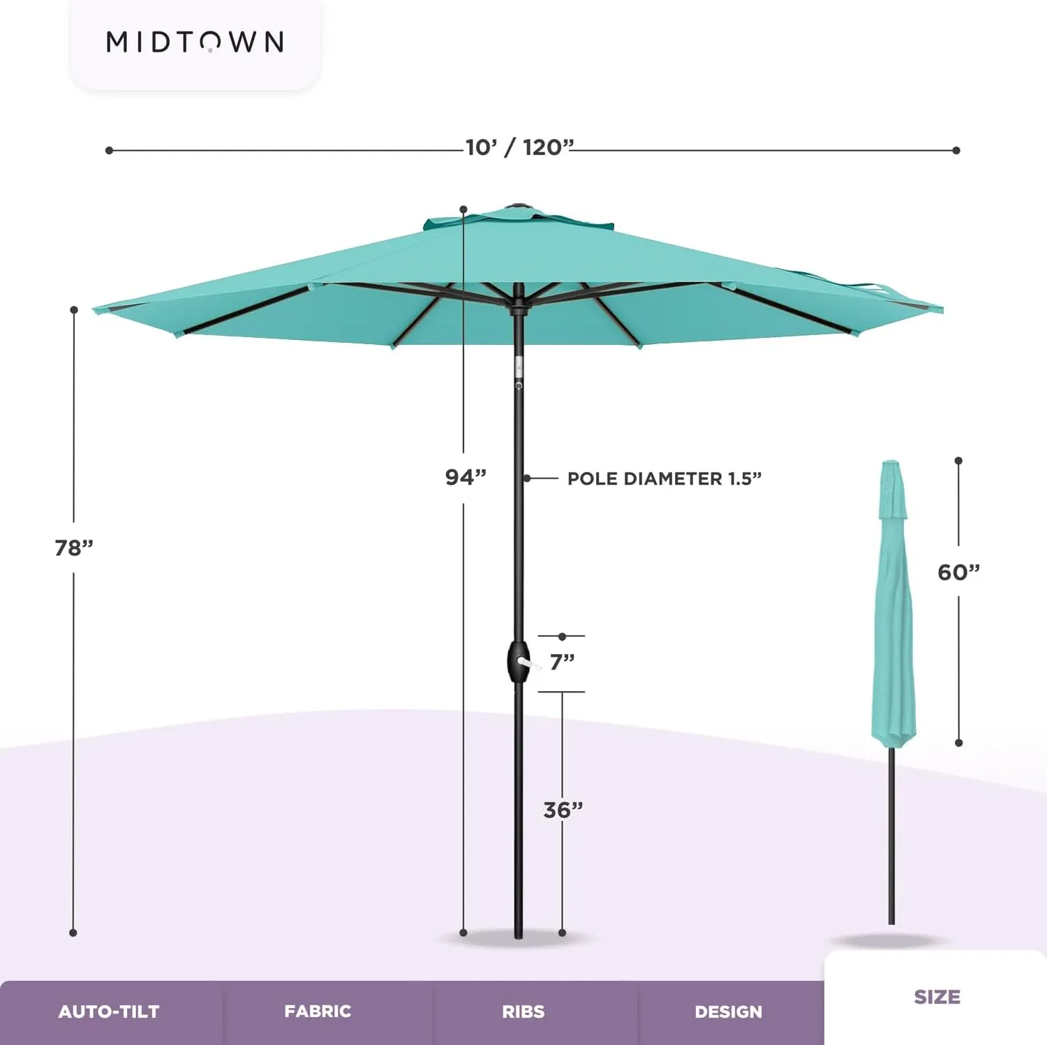 Midtown Umbrellas 10-Year-No-Fade - 10 Ft - UV Proof Navy & White Stripes Fabric - Umbrella Outdoor Patio, Aluminum Frame Large Patio Umbrella for Garden, Pool & Deck - Black Pole