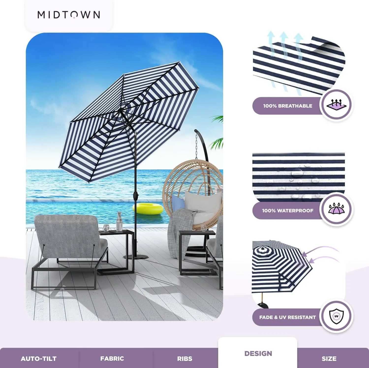 Midtown Umbrellas 10-Year-No-Fade - 10 Ft - UV Proof Navy & White Stripes Fabric - Umbrella Outdoor Patio, Aluminum Frame Large Patio Umbrella for Garden, Pool & Deck - Black Pole